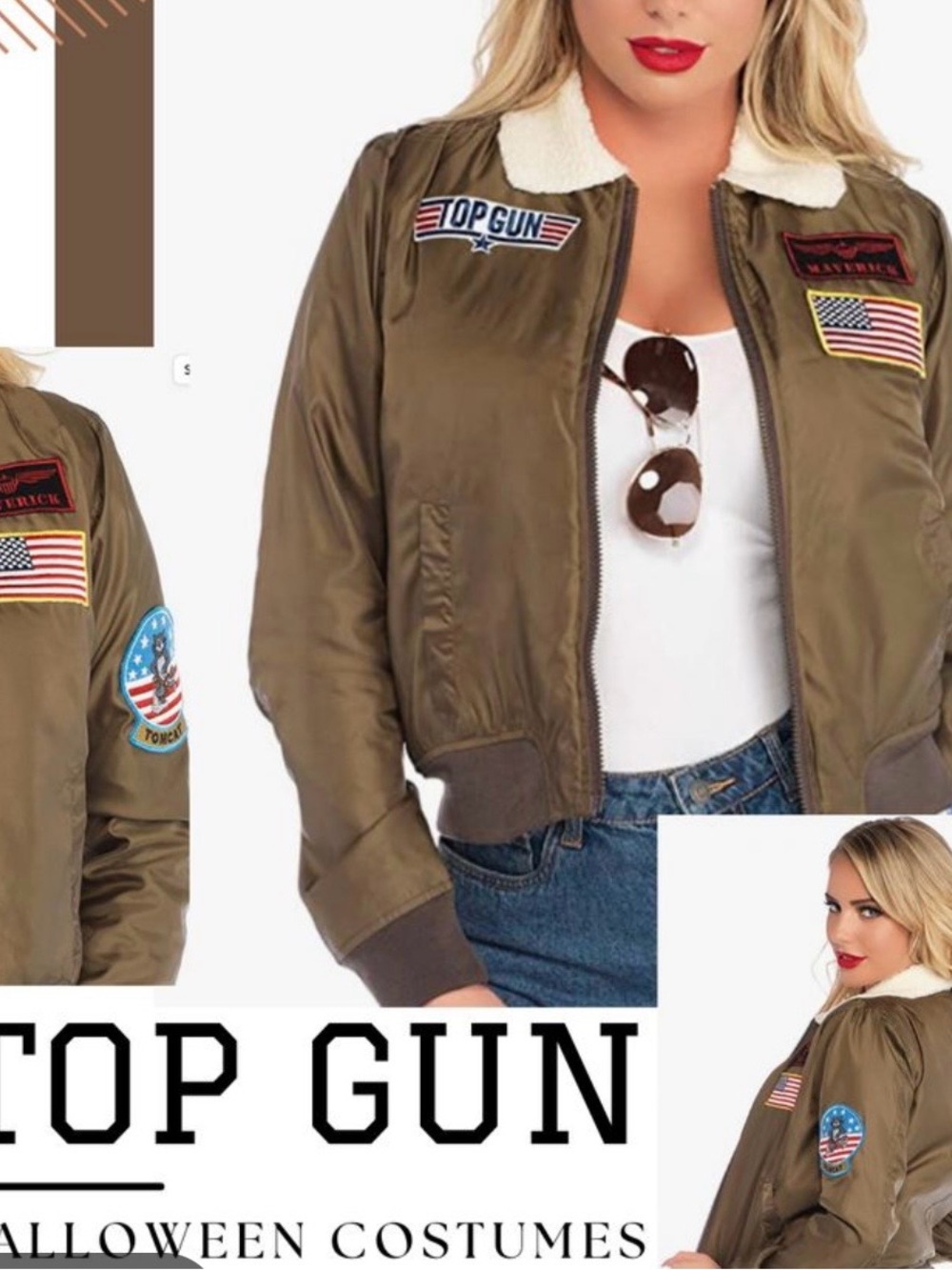 Olive Green Bomber Jacket with Cream Sherpa Collar - Top Gun Patch